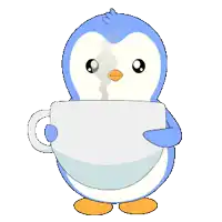 a cartoon penguin is holding a cup of coffee