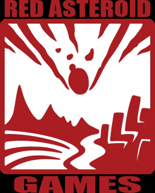 a logo for red asteroid games shows a rock falling