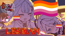 a drawing of two girls with the words proud lesbian in red