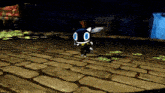 a video game character is walking on a brick path