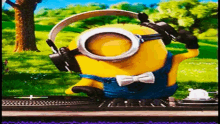 a minion wearing headphones and a bow tie