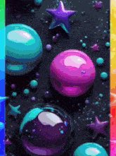 a painting of colorful balls and stars with a rainbow border