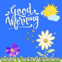 a blue background with flowers and butterflies and the words " good morning happy wednesday "