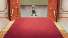 a man in a trench coat is standing in an open doorway holding a sword