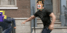 a man running with a pixelated face on his head