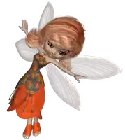 a cartoon fairy wearing an orange and gray dress with white wings