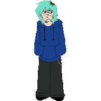 a cartoon of a boy with green hair wearing a blue hoodie and black pants
