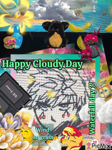 a happy cloudy day greeting card with a picture of a furby