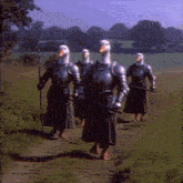 a group of ducks in armor are walking down a dirt road