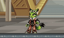 a pixel art of a green fox wearing goggles