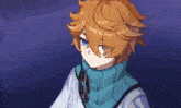a young boy with orange hair and blue eyes is wearing a scarf around his neck