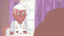 a cartoon of a boy with white hair looking at himself in a mirror