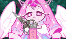 a pink cartoon character is holding a pair of scissors in her hands