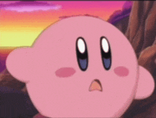 a close up of a pink cartoon character with a surprised face .