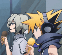 two anime characters are eating ice cream and one has headphones on his head