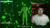 a man wearing headphones stands in front of a screen that says " human scan "