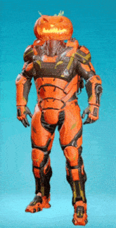 a futuristic robot with a pumpkin on his head .