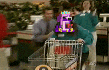 a woman pushing a shopping cart in a store with a purple king on her face