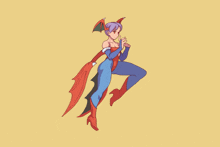 a cartoon drawing of a woman in a blue and red outfit with wings