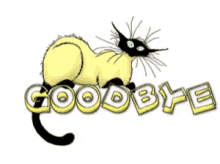 a cartoon cat is laying down with the words goodbye in red letters