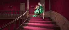 elsa and anna from frozen are riding a carriage down a set of stairs