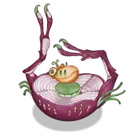 a cartoon drawing of a purple onion with a g on it