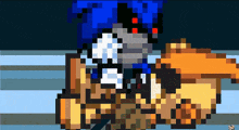 a pixel art of a cartoon character with a blue hat and red eyes