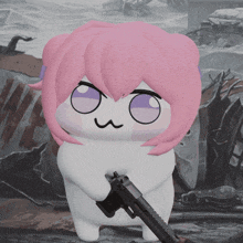 a stuffed animal with pink hair and purple eyes holds a gun