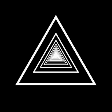 a black and white optical illusion of a triangle going through a tunnel .