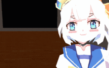 a cartoon character with white hair and blue eyes is smiling
