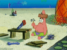 patrick star from spongebob squarepants is holding a hammer and a saw in his hand .