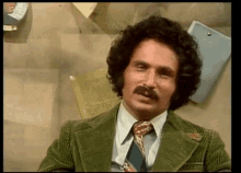 a man with curly hair and a mustache wearing a green jacket and tie