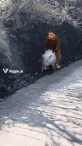 a man is pushing a pig down a road with a viggle.ai logo in the background
