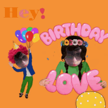 a birthday greeting card with a boy holding balloons and a girl holding balloons