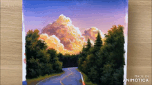 a painting of a road with trees and clouds is made in animatica