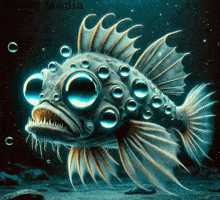 a painting of a fish with bubbles around it and the words aqua media on the bottom