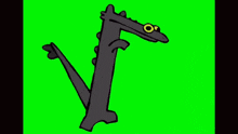 a cartoon drawing of a dinosaur with a long neck and yellow eyes on a green screen .