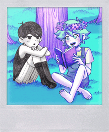 a drawing of a boy and a girl reading books