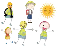 a cartoon drawing of a boy and a girl with the sun in the background