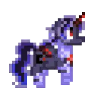 a pixel art of a purple and blue pony with a red horn