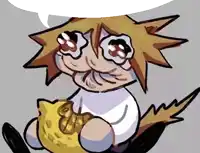 a drawing of a person holding a yellow object with a speech bubble above it