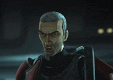 a close up of a cartoon character with a gray haired head and a red vest .