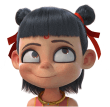 a close up of a cartoon character with a red bow on her hair