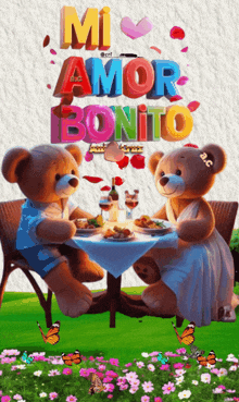 a couple of teddy bears sitting at a table with the words mi amor bonito