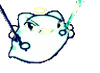 a drawing of a cat hanging from a rope with a halo on its head
