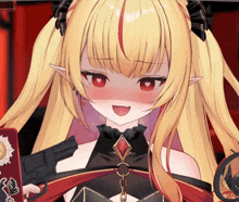 a girl with blonde hair and red eyes is holding a gun in her hand