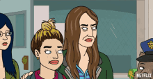 a cartoon of three women standing next to each other with a netflix logo in the bottom right corner