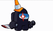 a cartoon character is holding a bloody knife and a microphone .