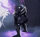 a man in a purple suit is kneeling down