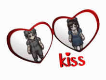 two hearts with a boy and a girl in them and the word kiss in red
